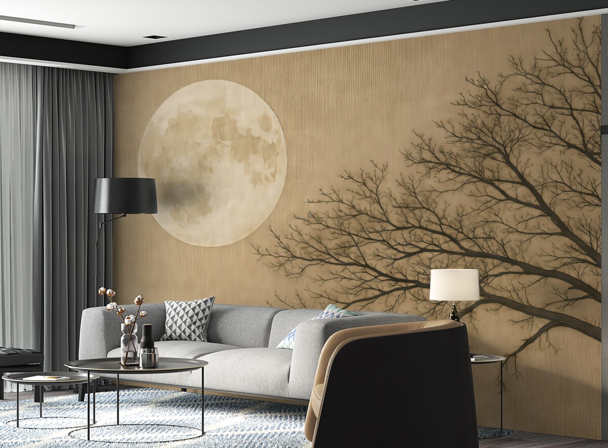 Fototapeta Zarys drzewa oraz pełnia księżyca na brązowej powierzchni.