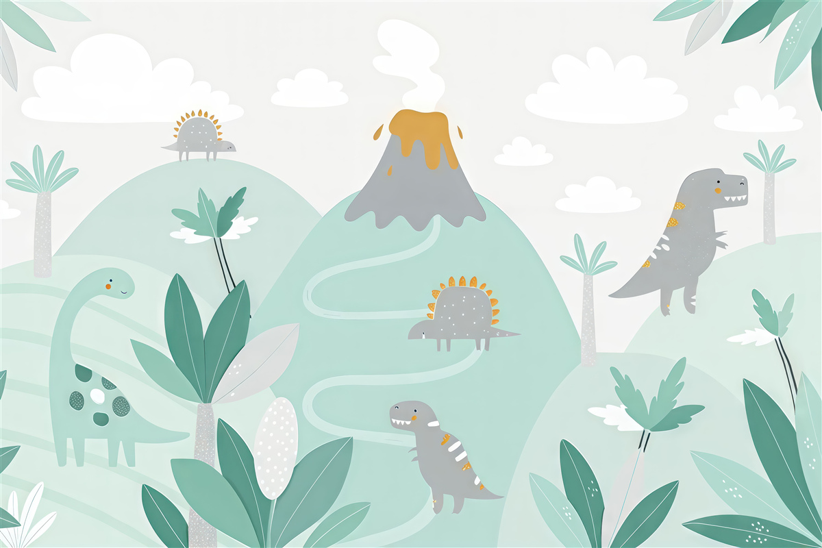 Fototapeta góry, wulkan i dinozaury w błękitnych tonach