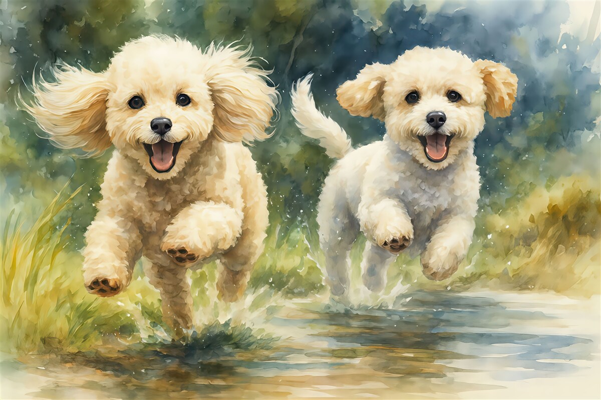 Fototapeta Małe psy w biegu akwarela.