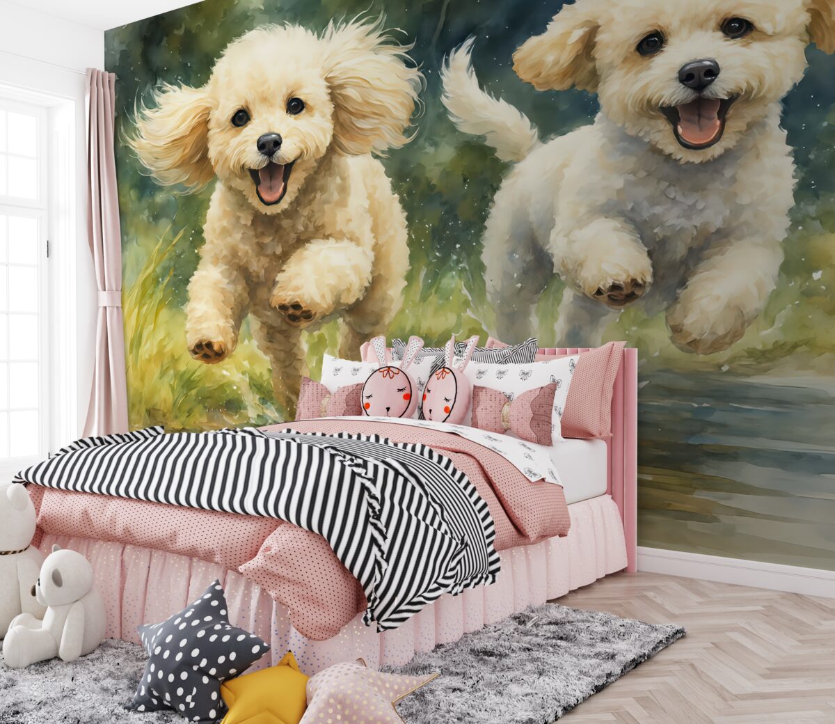 Fototapeta Małe psy w biegu akwarela.