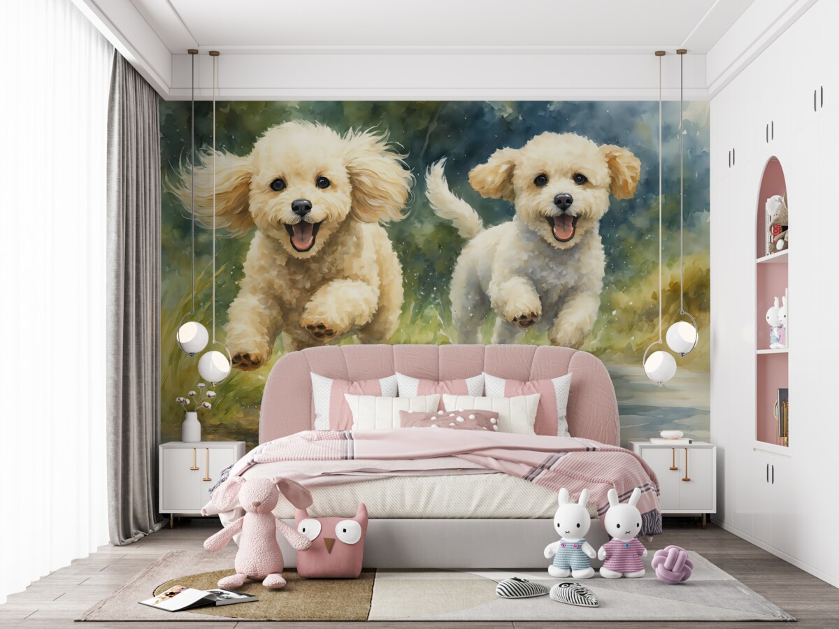 Fototapeta Małe psy w biegu akwarela.