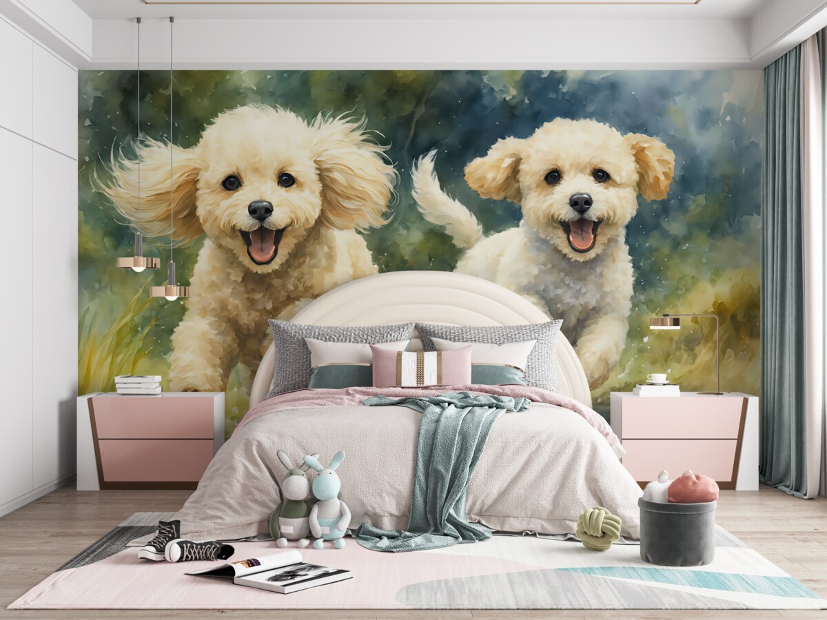 Fototapeta Małe psy w biegu akwarela.