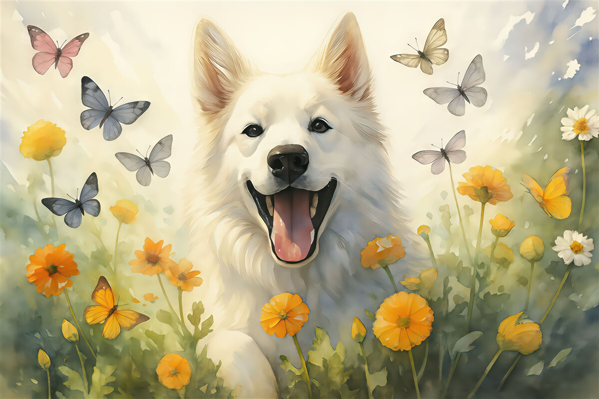 Fototapeta Biały pies pośród motyli i kwiatów akwarela.