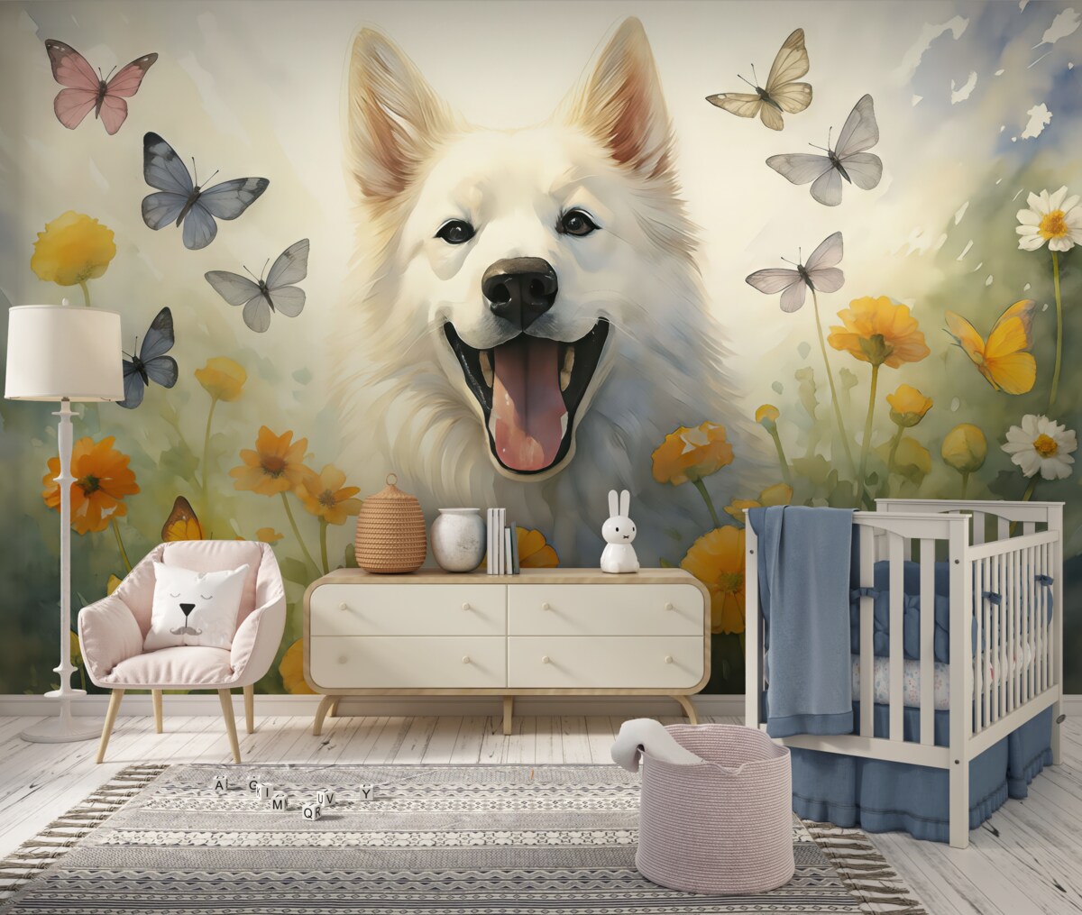 Fototapeta Biały pies pośród motyli i kwiatów akwarela.