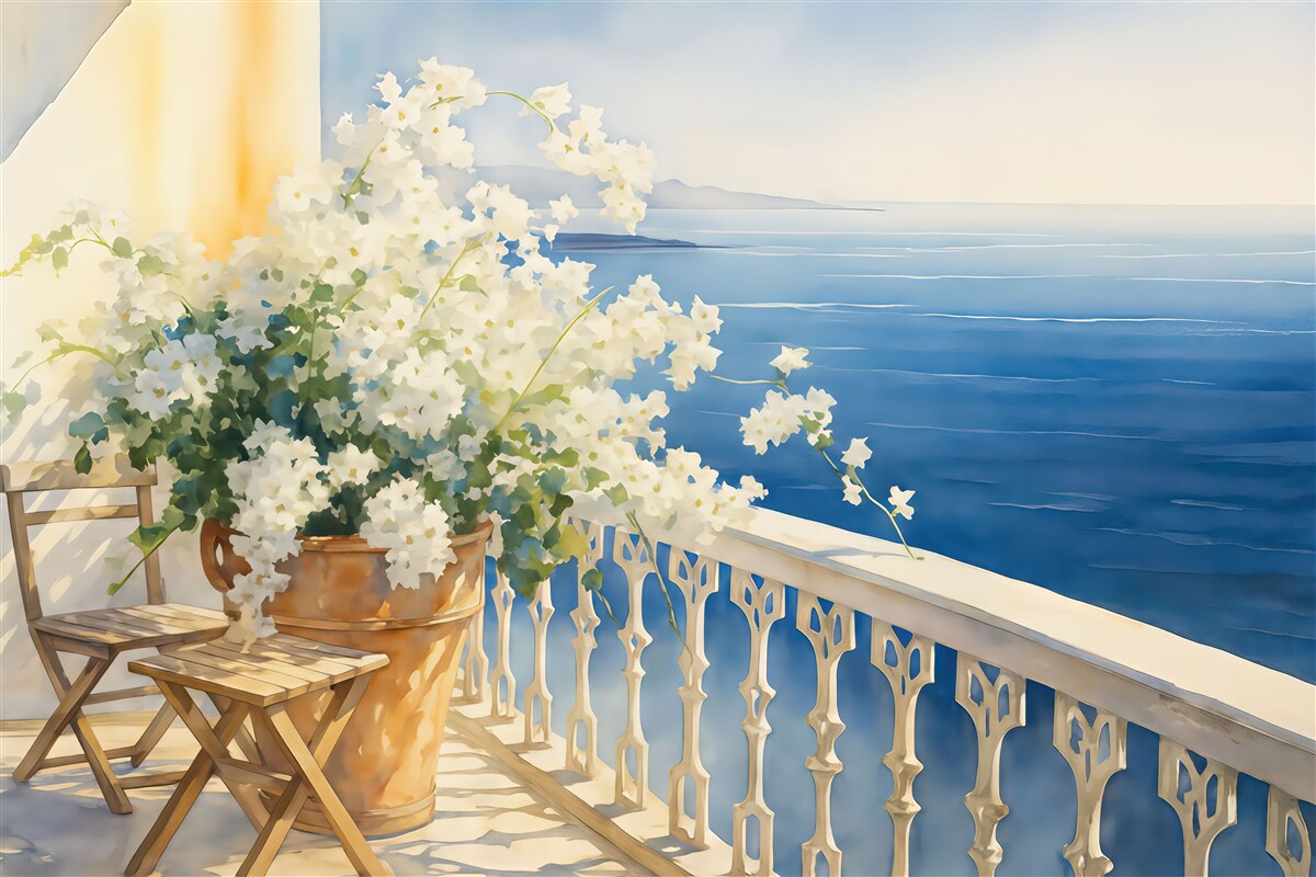 Fototapeta Biały bez w doniczce na balkonie z widokiem na ocean akwarela.