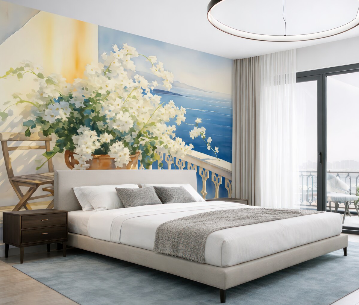 Fototapeta Biały bez w doniczce na balkonie z widokiem na ocean akwarela.