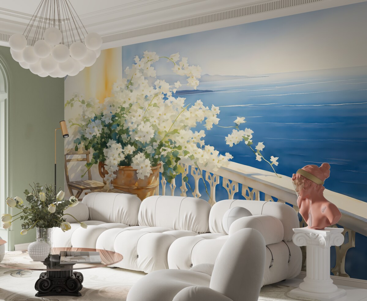 Fototapeta Biały bez w doniczce na balkonie z widokiem na ocean akwarela.