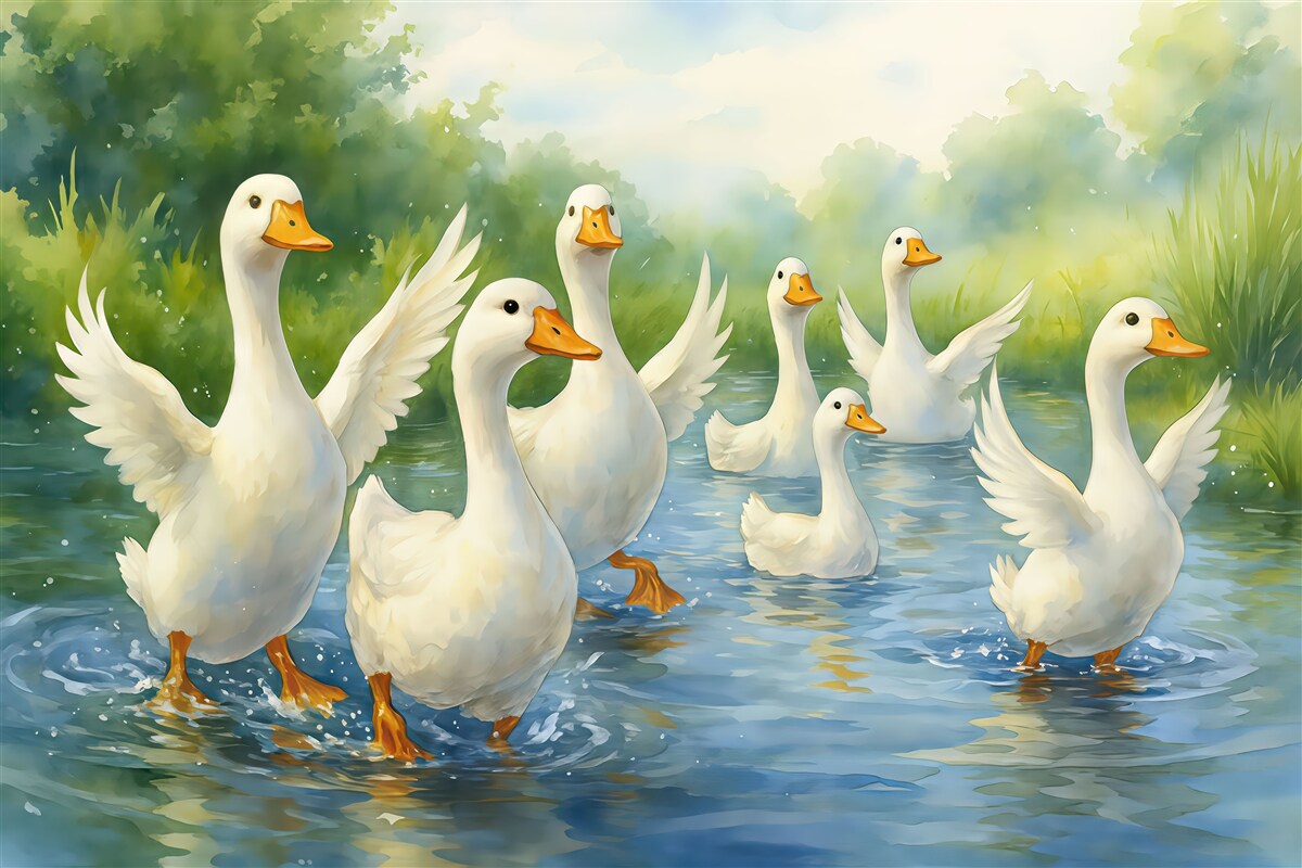 Fototapeta Białe gęsi brodzące w stawie akwarela.