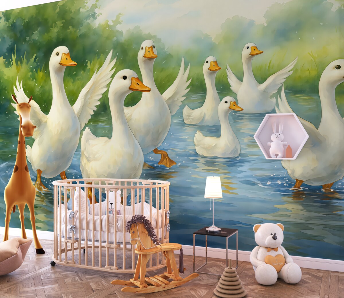 Fototapeta Białe gęsi brodzące w stawie akwarela.