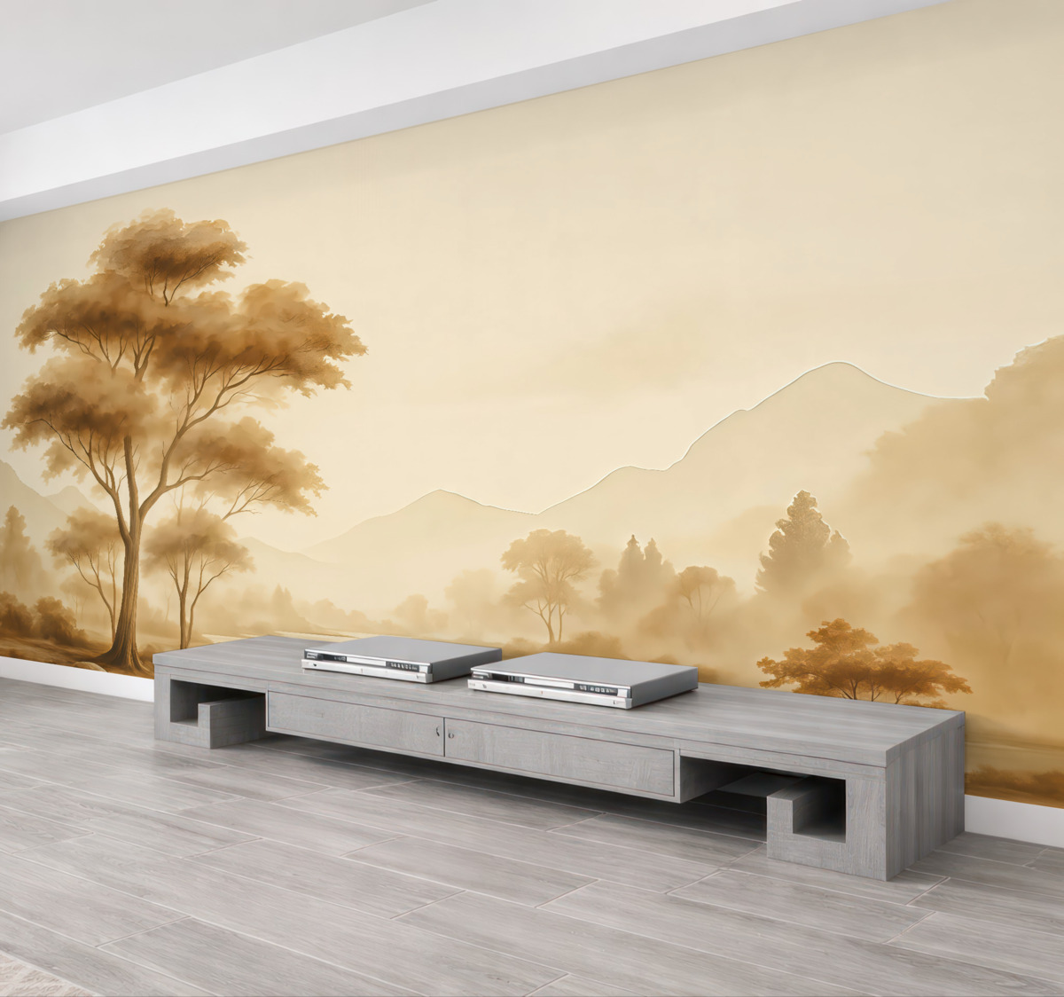 Fototapeta Krajobraz w stylu vintage z drzewem przy rzece, w tle góry akwarelowe.