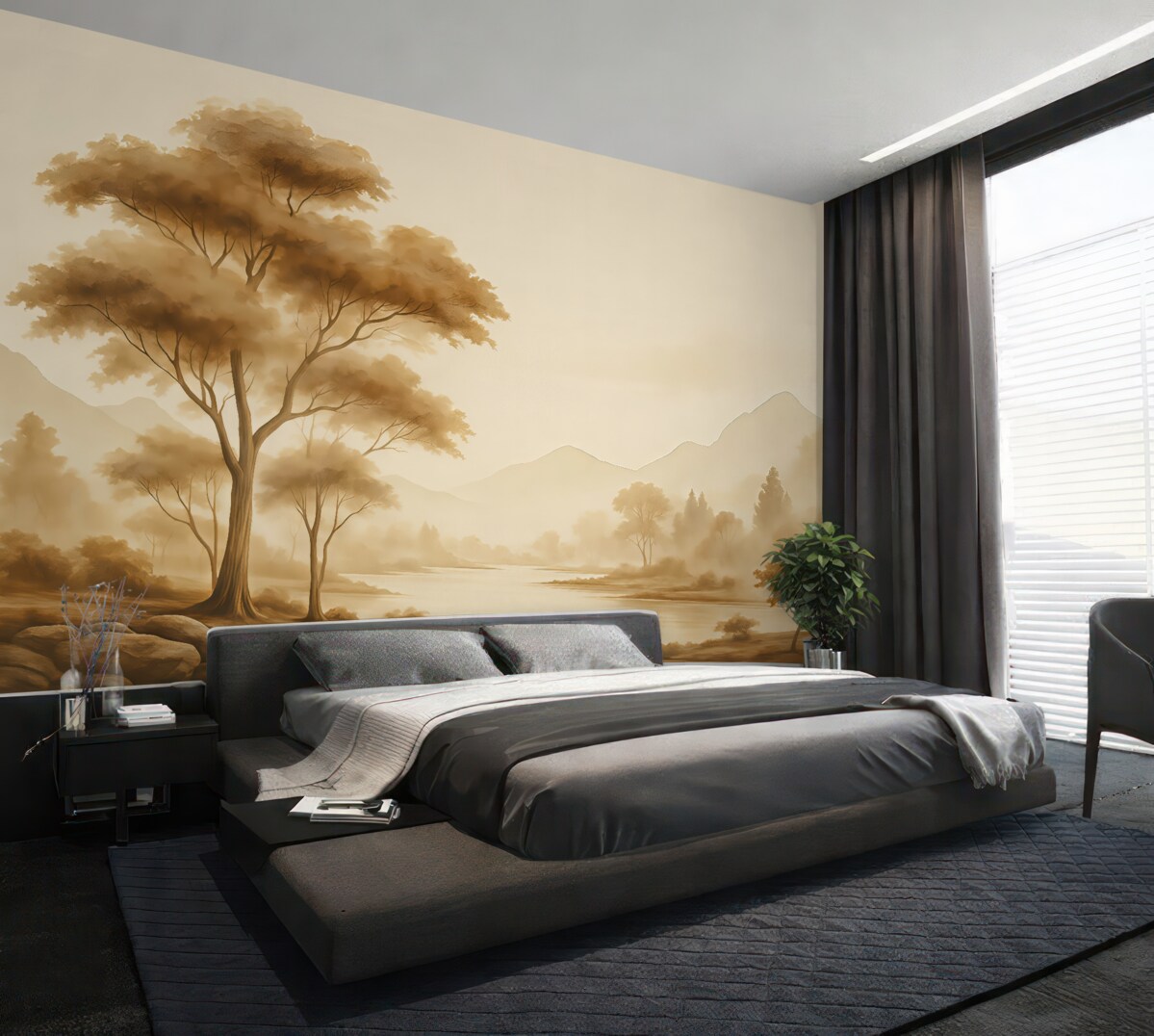 Fototapeta Krajobraz w stylu vintage z drzewem przy rzece, w tle góry akwarelowe.