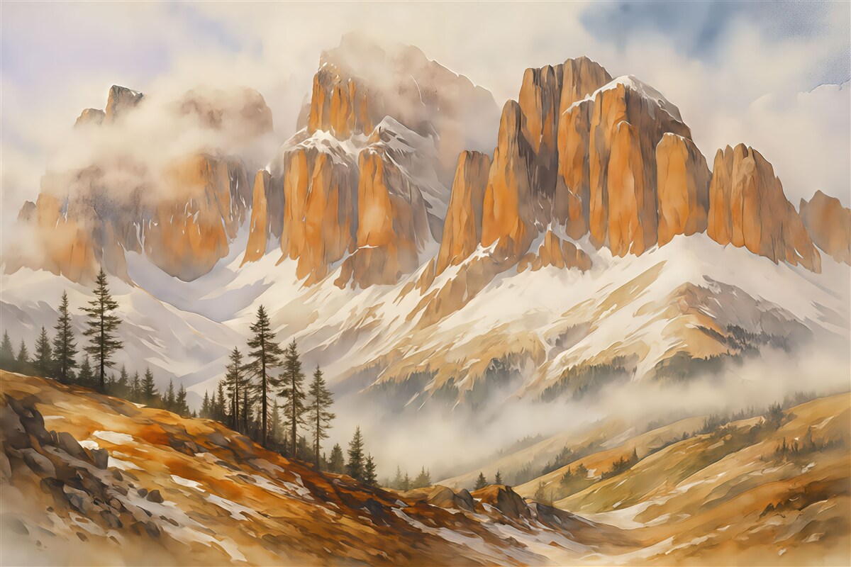 Fototapeta Zimowa dolina u stóp gór Dolomitów akwarela.