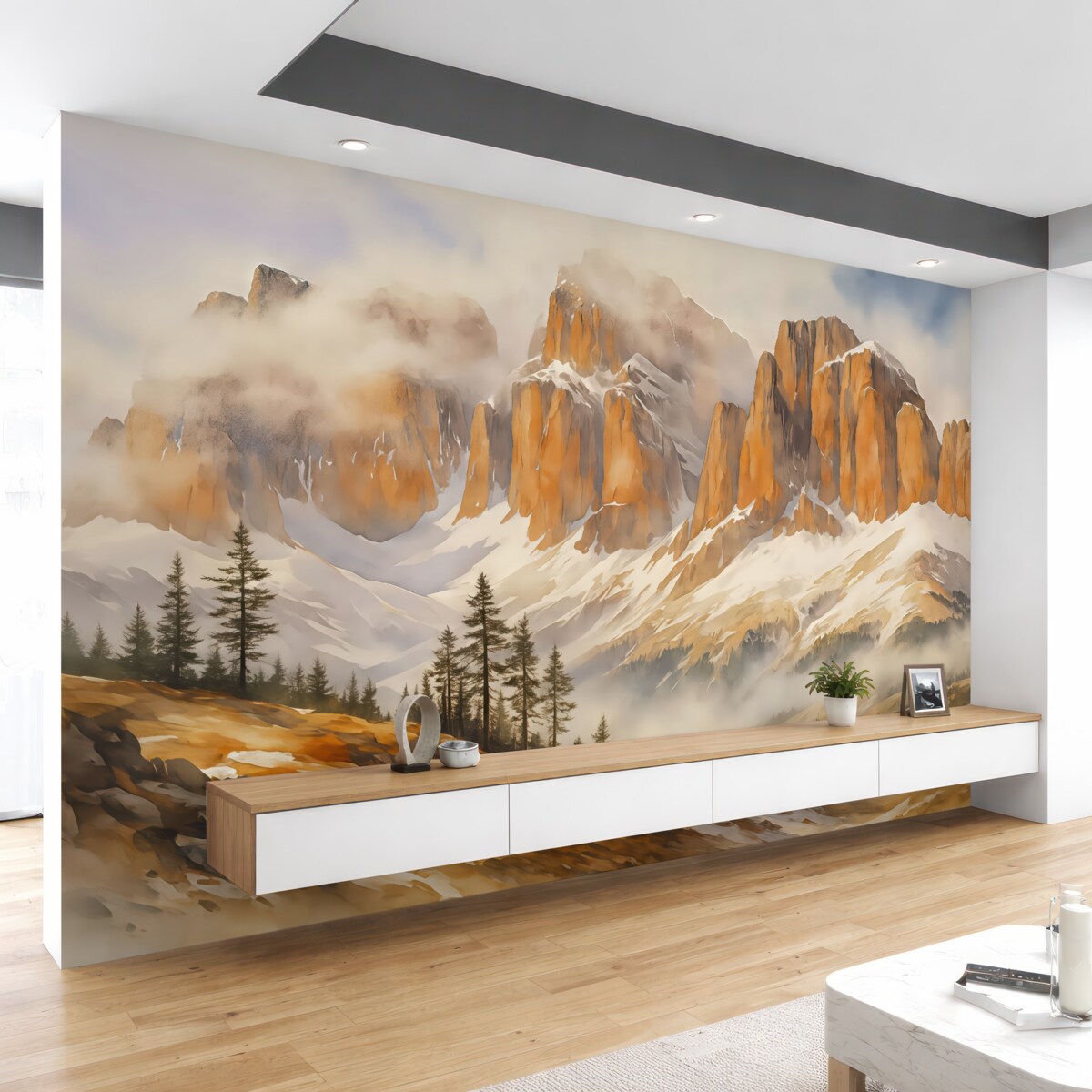 Fototapeta Zimowa dolina u stóp gór Dolomitów akwarela.