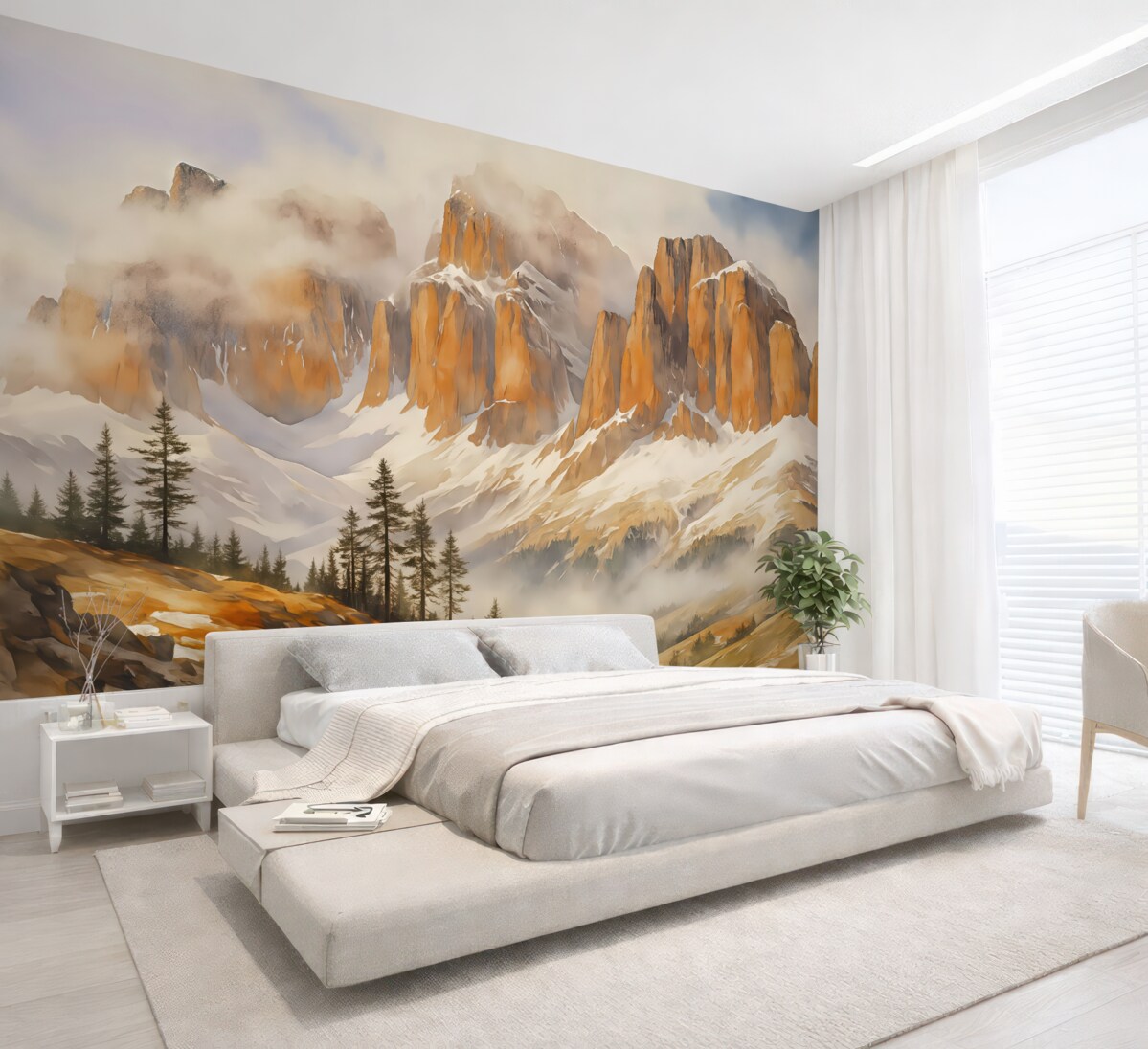 Fototapeta Zimowa dolina u stóp gór Dolomitów akwarela.