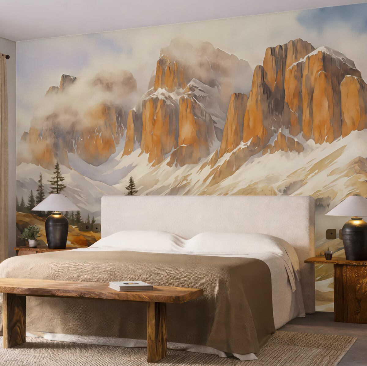 Fototapeta Zimowa dolina u stóp gór Dolomitów akwarela.