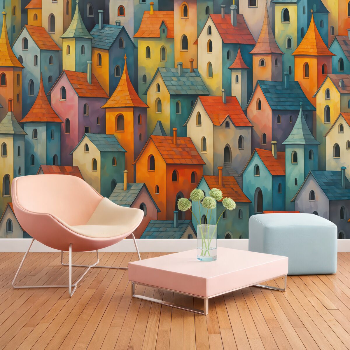 Fototapeta Kolorowe, jasne budynki, nawiązujące do malarstwa z ruchami pędzla.