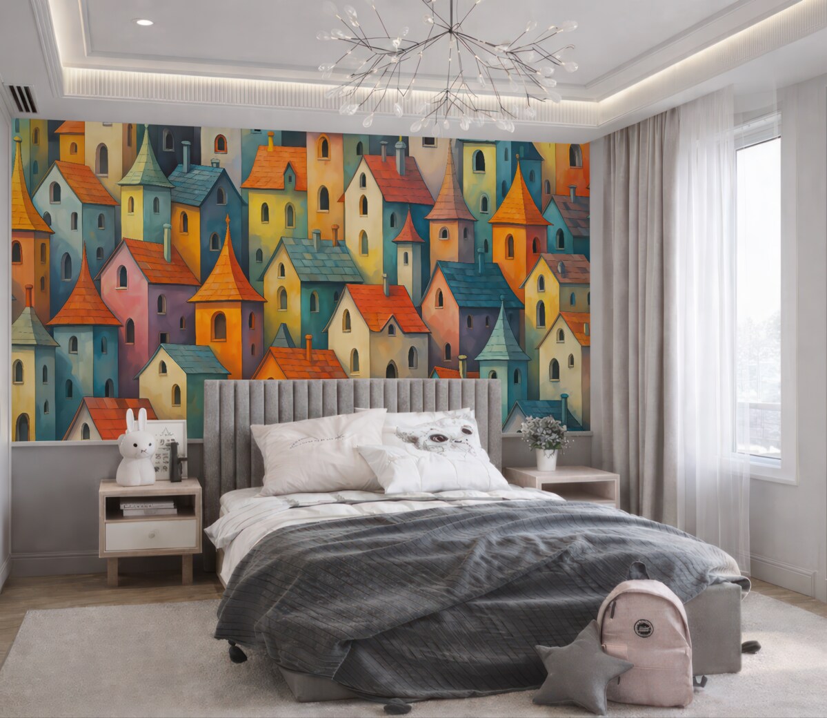 Fototapeta Kolorowe, jasne budynki, nawiązujące do malarstwa z ruchami pędzla.