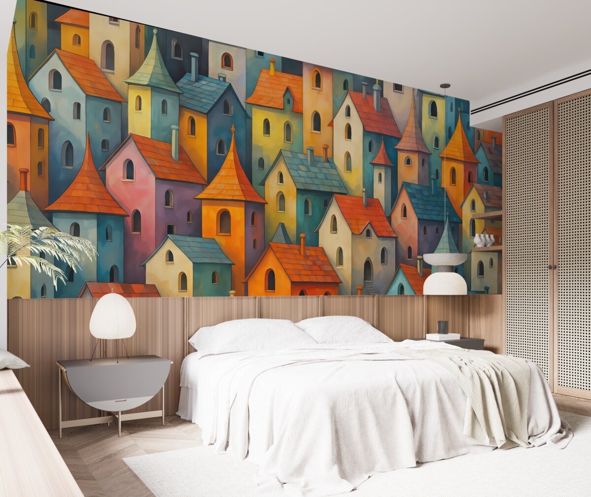 Fototapeta Kolorowe, jasne budynki, nawiązujące do malarstwa z ruchami pędzla.