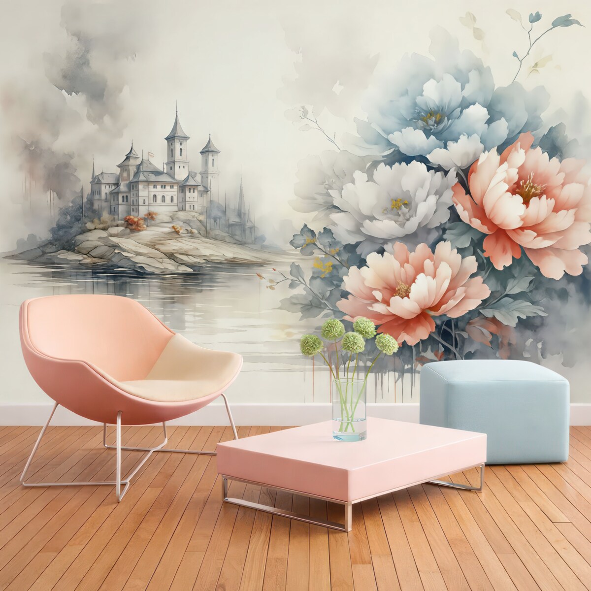 Fototapeta Krajobraz akwarelowy z wielkimi kwiatami i zamkiem, niebieski, szary, czerwony.