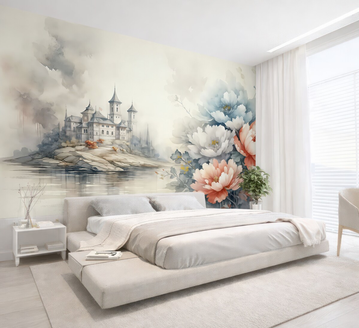 Fototapeta Krajobraz akwarelowy z wielkimi kwiatami i zamkiem, niebieski, szary, czerwony.