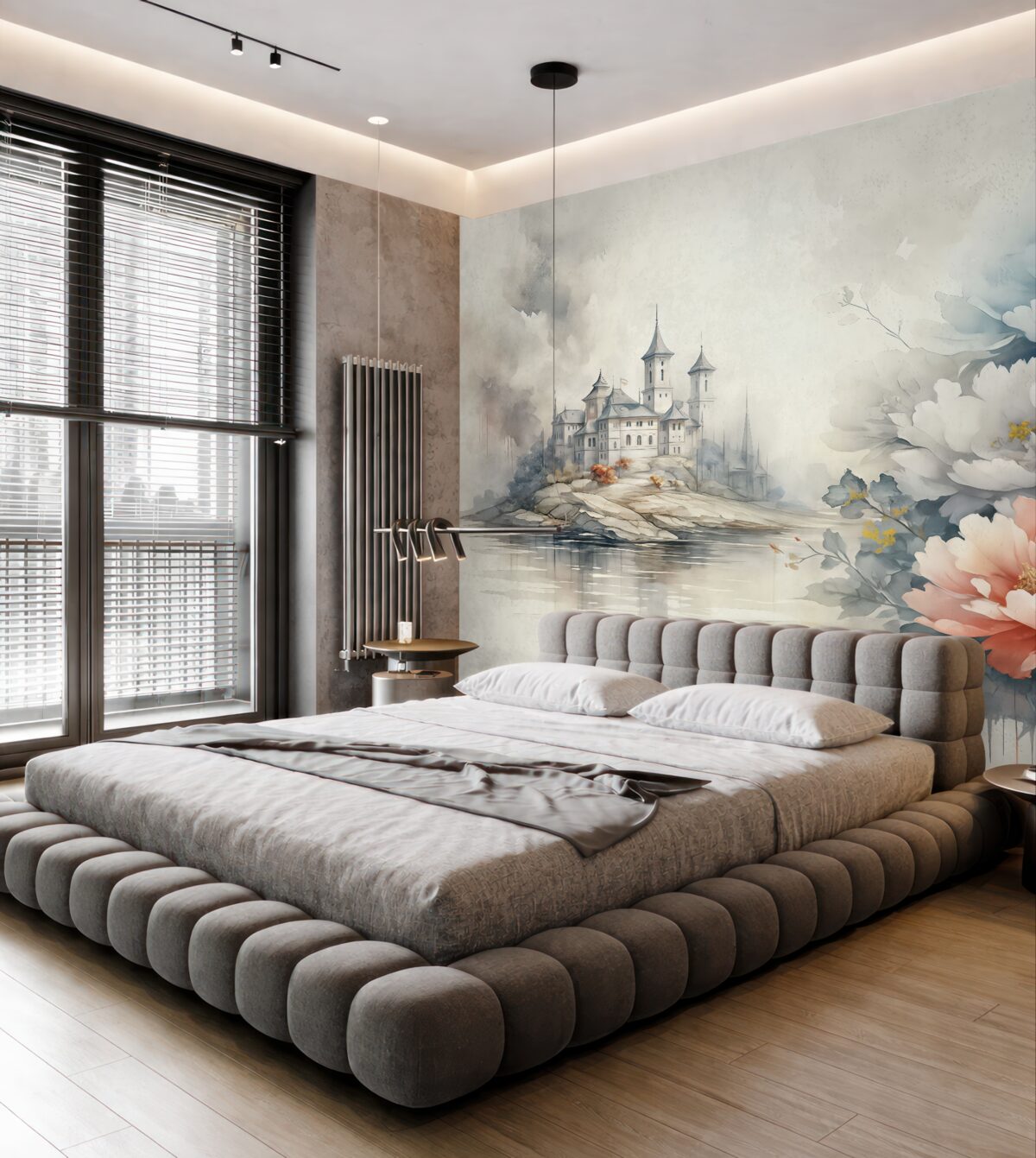 Fototapeta Krajobraz akwarelowy z wielkimi kwiatami i zamkiem, niebieski, szary, czerwony.