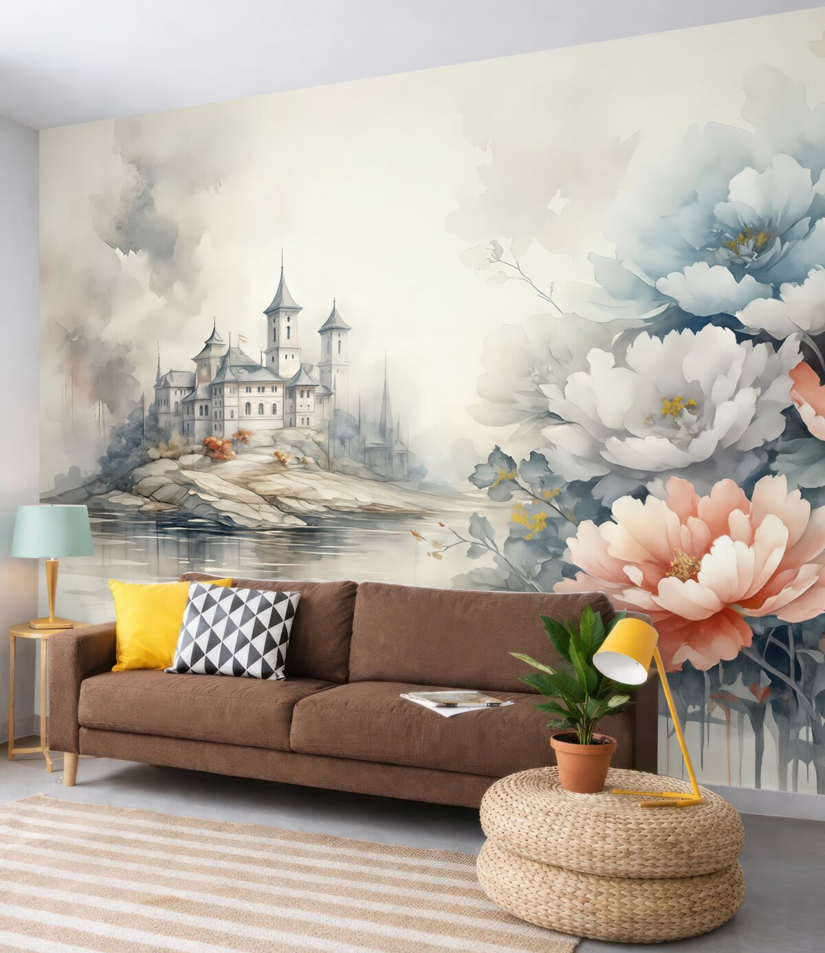 Fototapeta Krajobraz akwarelowy z wielkimi kwiatami i zamkiem, niebieski, szary, czerwony.