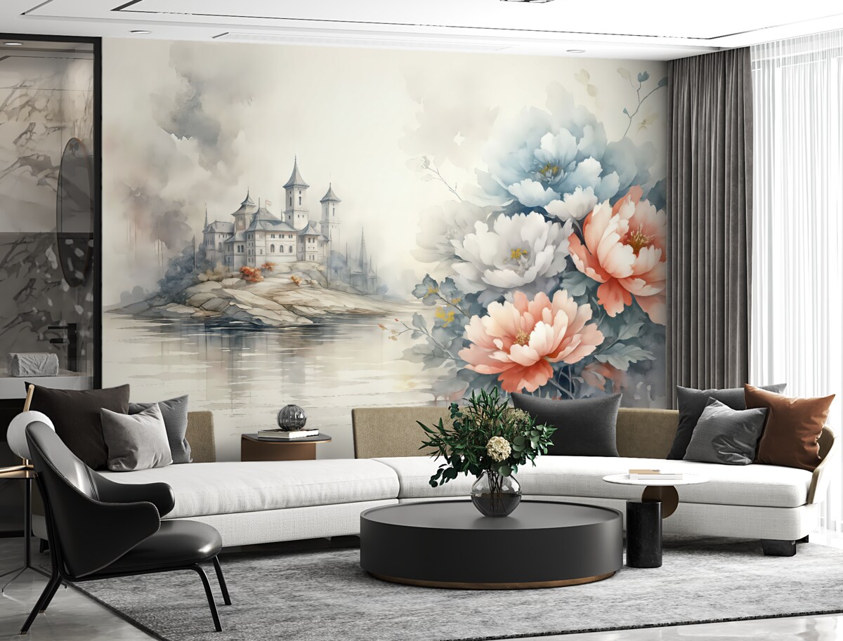 Fototapeta Krajobraz akwarelowy z wielkimi kwiatami i zamkiem, niebieski, szary, czerwony.