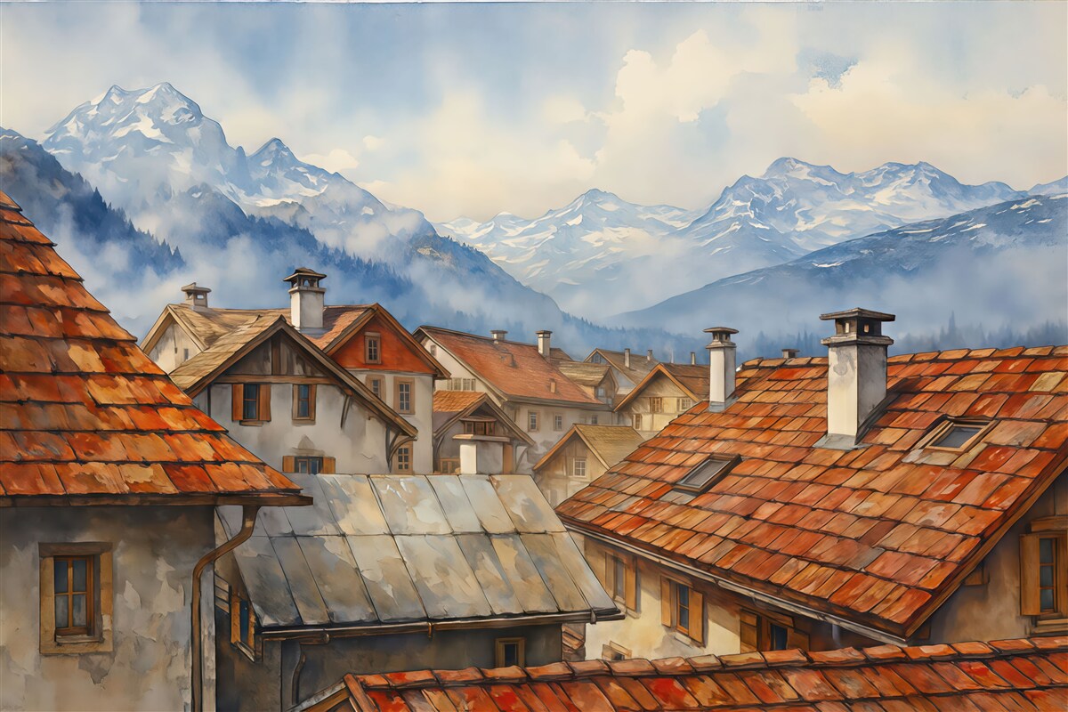Fototapeta Dachy budynków w wiosce na tle gór w akwareli.