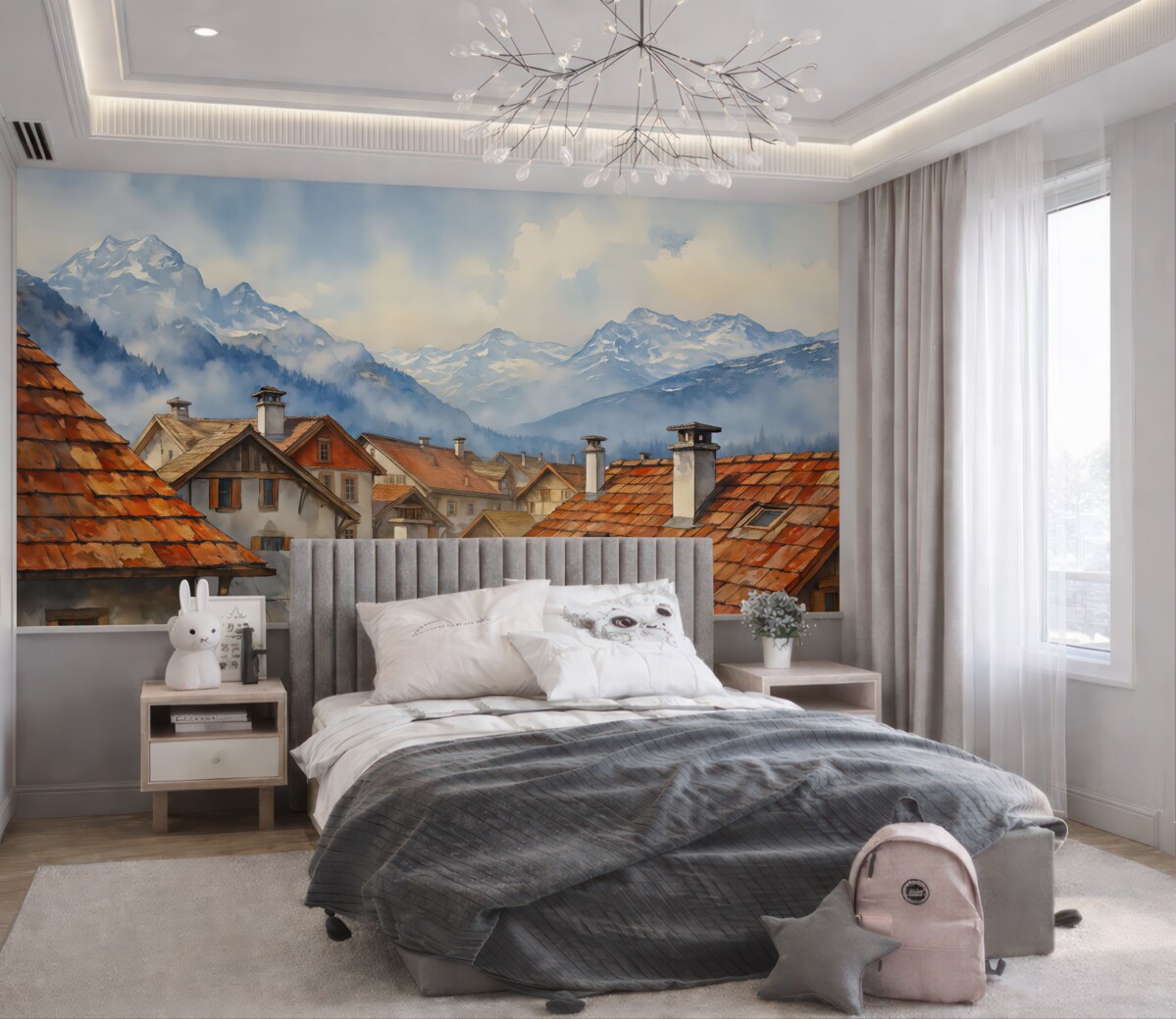 Fototapeta Dachy budynków w wiosce na tle gór w akwareli.