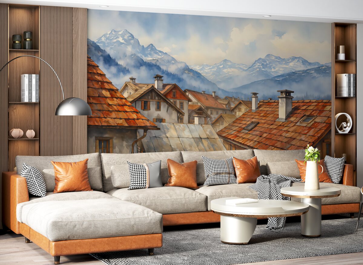 Fototapeta Dachy budynków w wiosce na tle gór w akwareli.