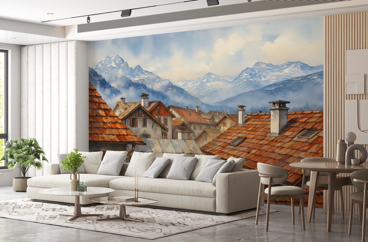 Fototapeta Dachy budynków w wiosce na tle gór w akwareli.