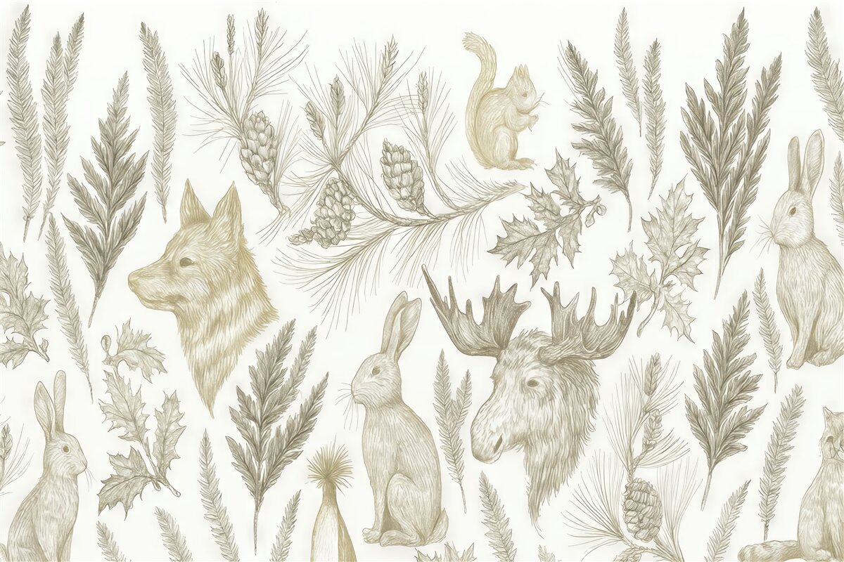 Fototapeta Tapeta do pokoju malucha z motywem leśnych zwierząt, zajęcy, jeleni oraz roślin, w pastelowych odcieniach szaro-zielonych i brązowych.