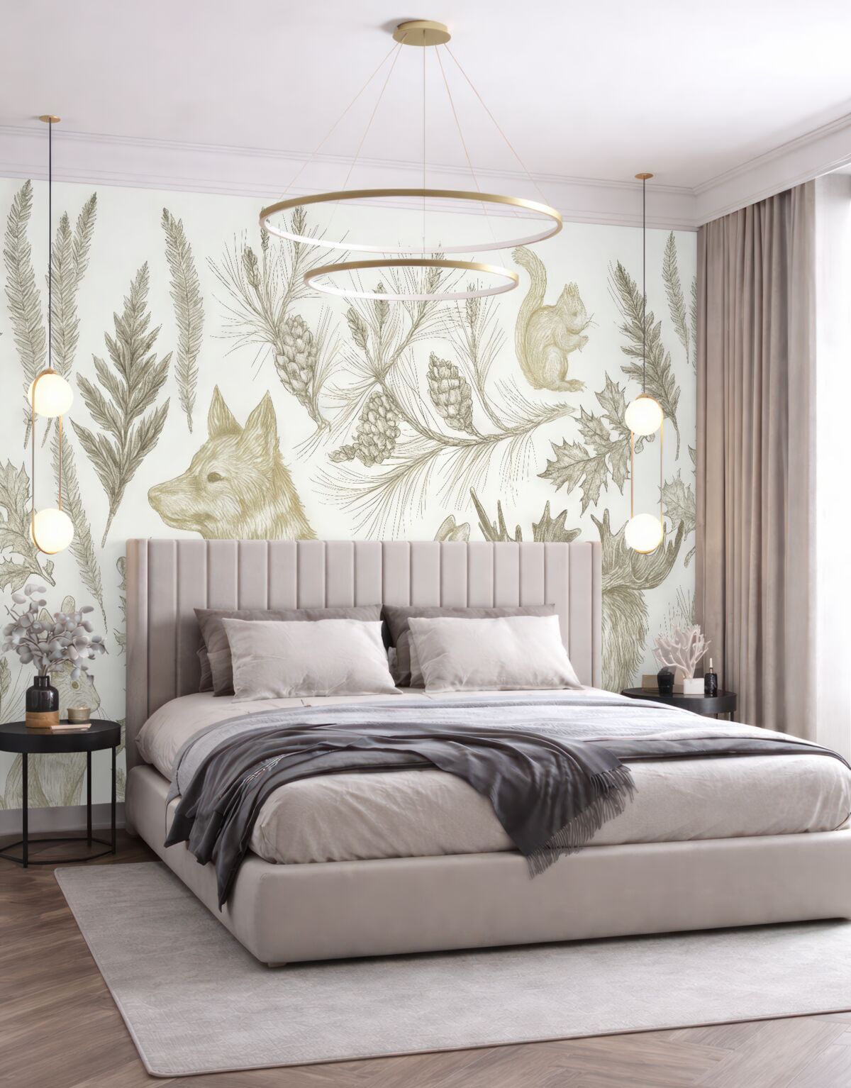 Fototapeta Tapeta do pokoju malucha z motywem leśnych zwierząt, zajęcy, jeleni oraz roślin, w pastelowych odcieniach szaro-zielonych i brązowych.