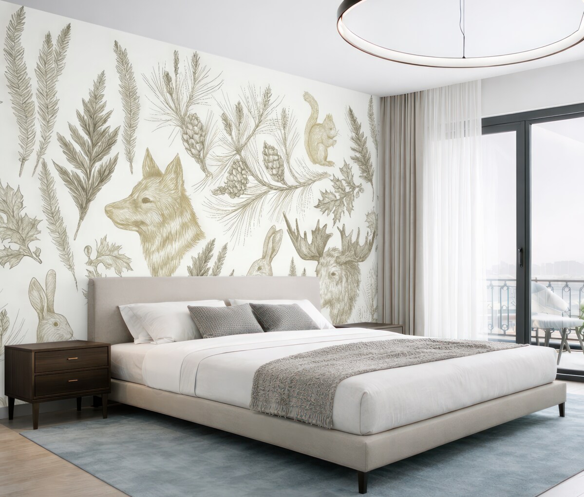 Fototapeta Tapeta do pokoju malucha z motywem leśnych zwierząt, zajęcy, jeleni oraz roślin, w pastelowych odcieniach szaro-zielonych i brązowych.