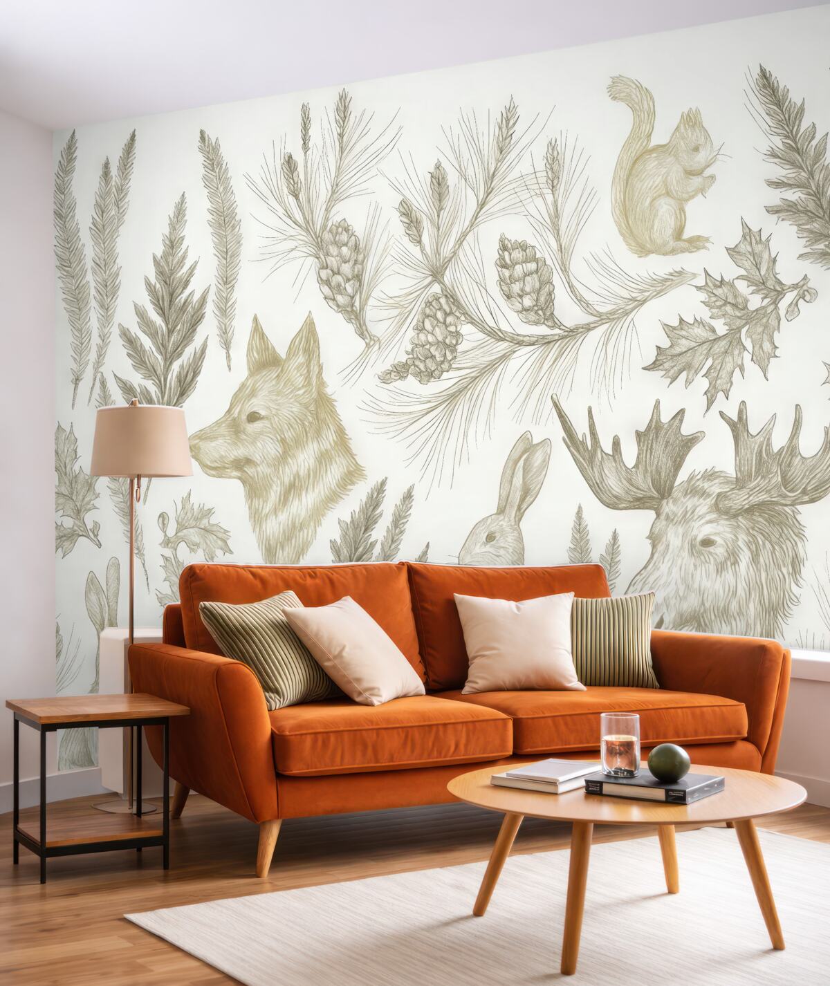 Fototapeta Tapeta do pokoju malucha z motywem leśnych zwierząt, zajęcy, jeleni oraz roślin, w pastelowych odcieniach szaro-zielonych i brązowych.