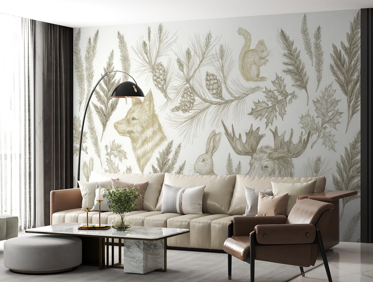 Fototapeta Tapeta do pokoju malucha z motywem leśnych zwierząt, zajęcy, jeleni oraz roślin, w pastelowych odcieniach szaro-zielonych i brązowych.