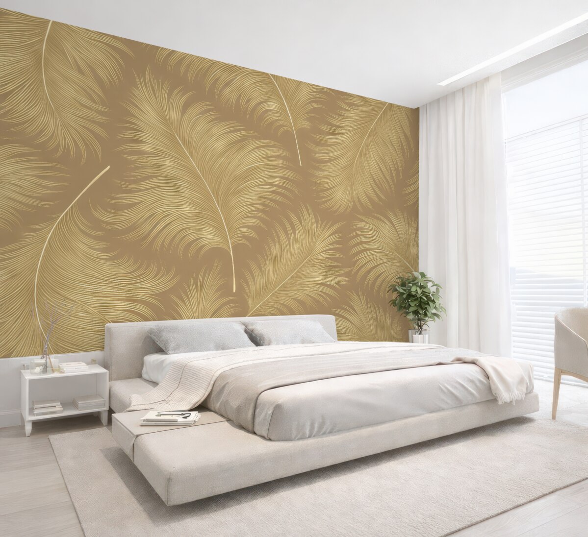 Fototapeta Tapeta roślinna z wyraźnym białym konturem tropikalnych liści na brązowo-czerwonym tle.