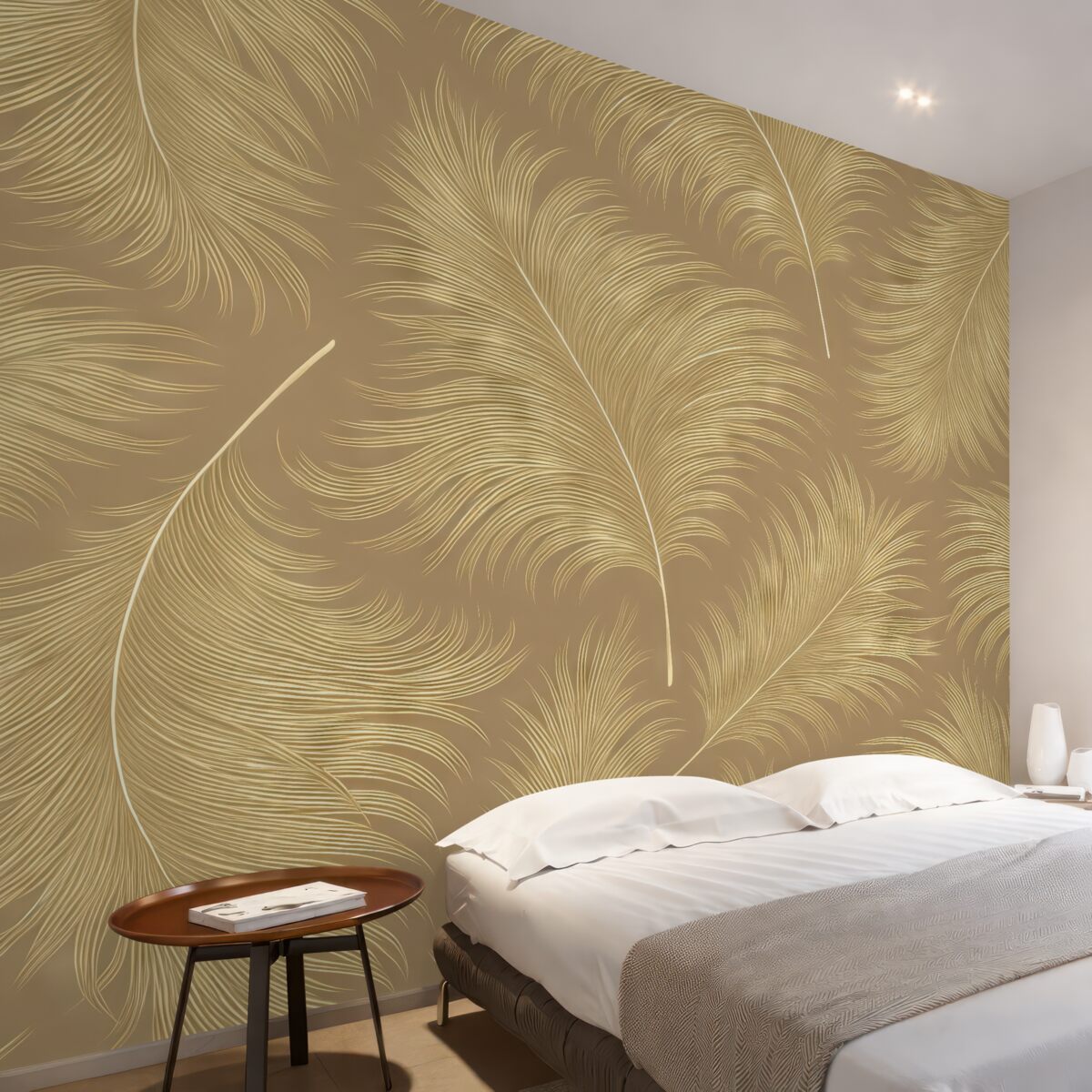 Fototapeta Tapeta roślinna z wyraźnym białym konturem tropikalnych liści na brązowo-czerwonym tle.