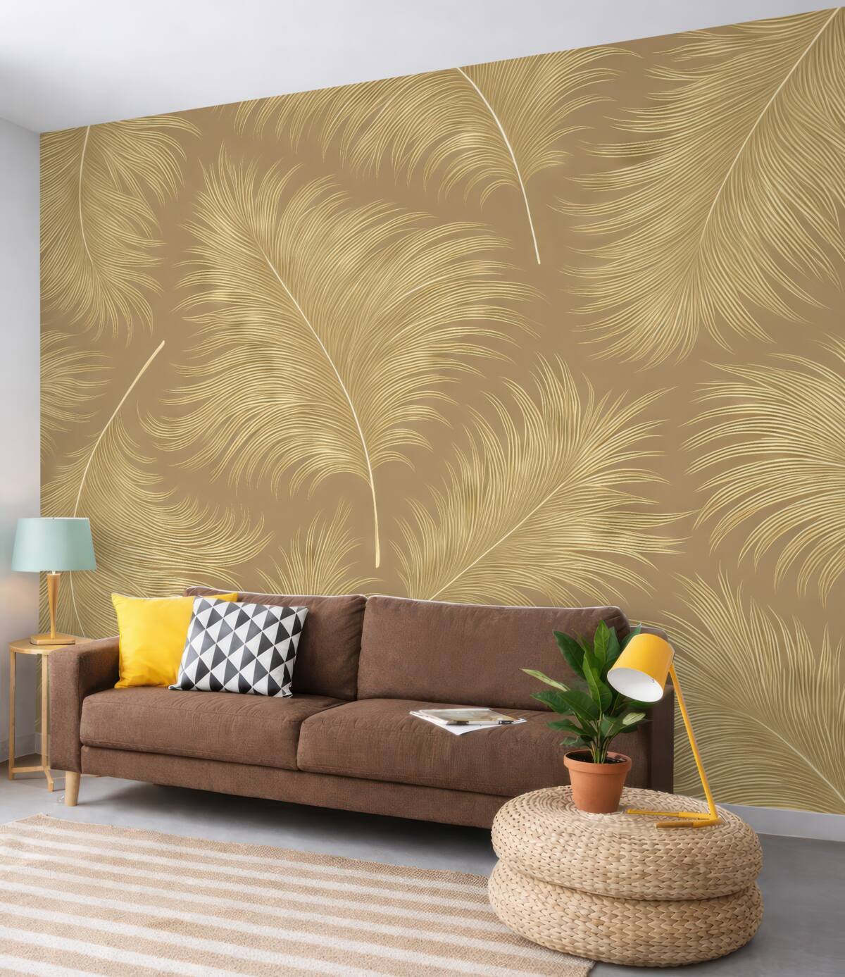 Fototapeta Tapeta roślinna z wyraźnym białym konturem tropikalnych liści na brązowo-czerwonym tle.