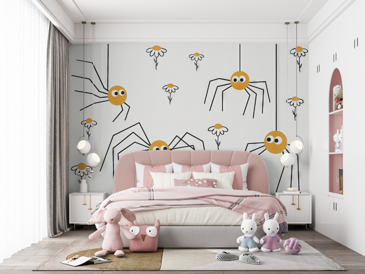 Fototapeta Pająki i stokrotki w formie rysunku liniowego, w kolorach czarnym i żółtym.