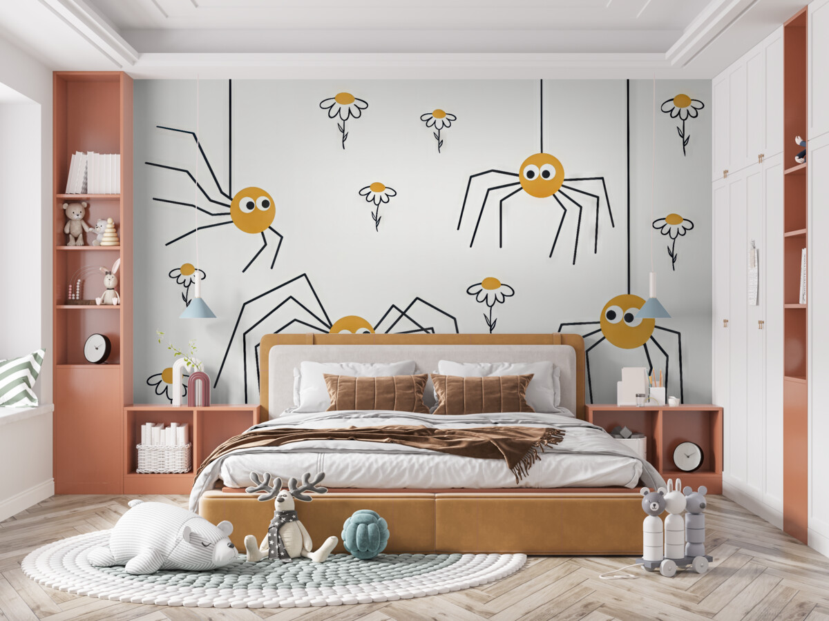 Fototapeta Pająki i stokrotki w formie rysunku liniowego, w kolorach czarnym i żółtym.