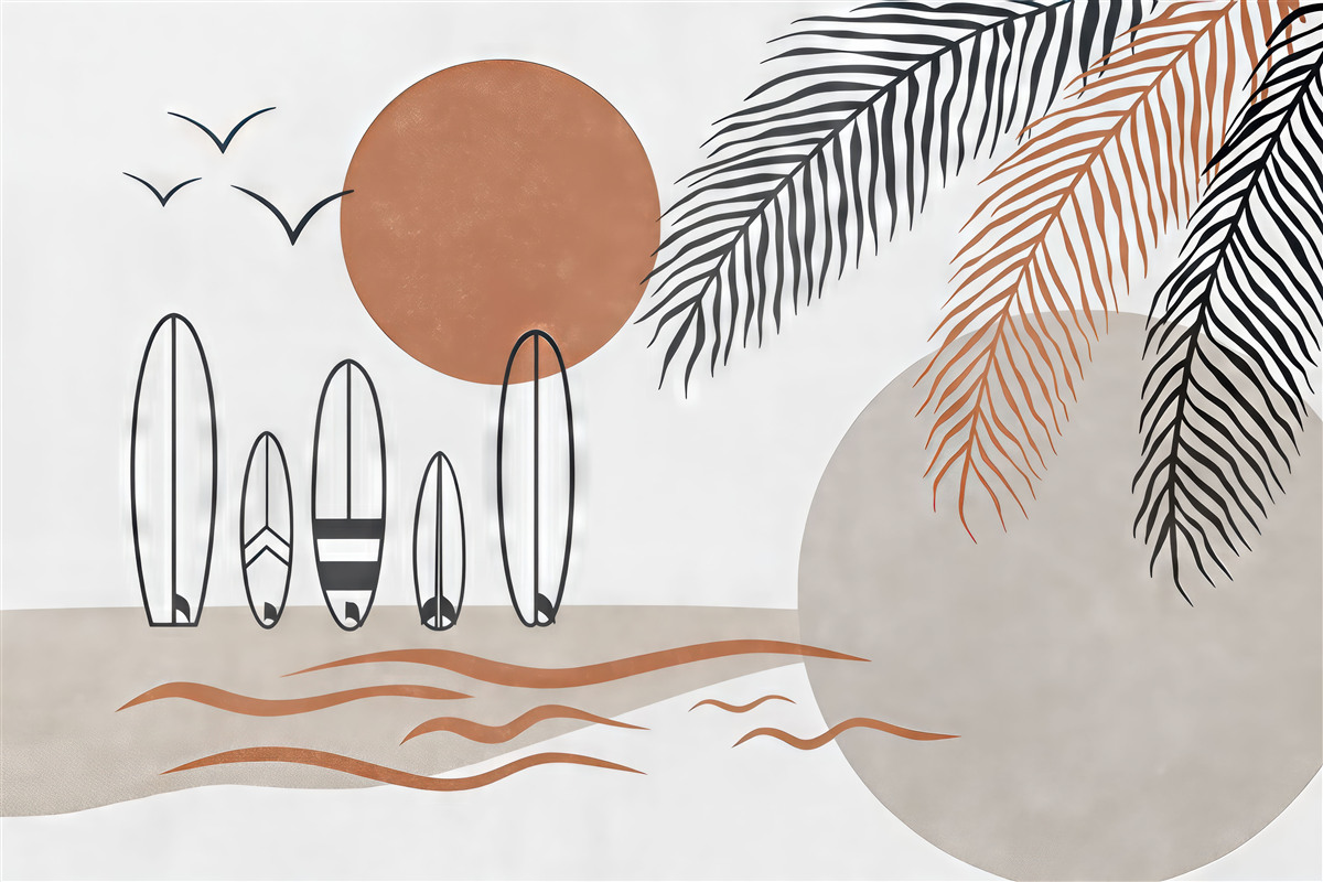 Fototapeta Deski do surfingu, szkic linii palmowych, barwa czarna i czerwona.
