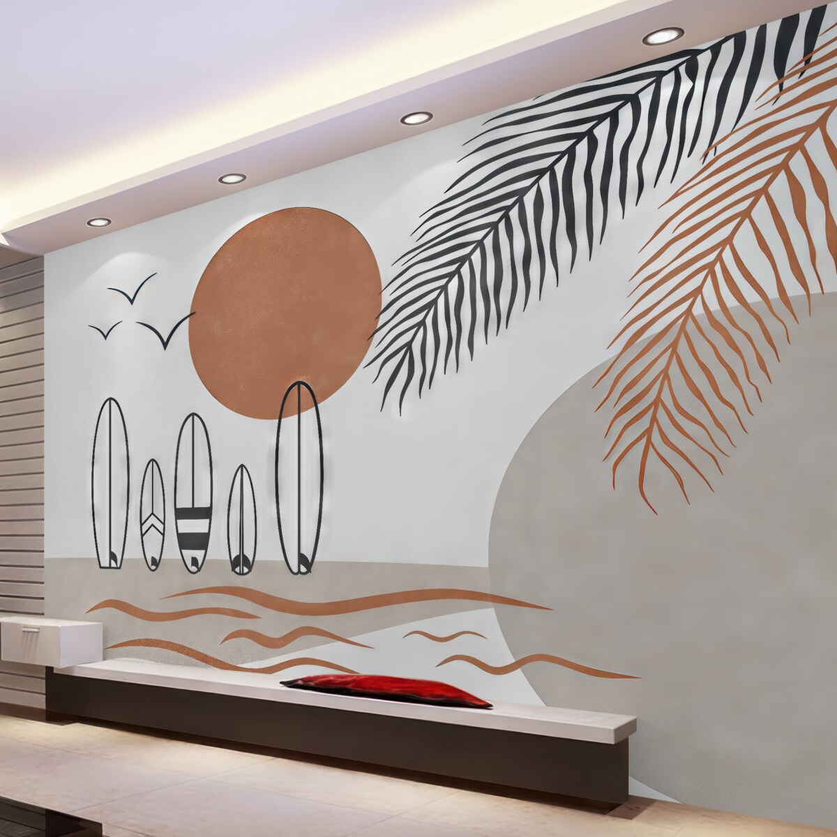 Fototapeta Deski do surfingu, szkic linii palmowych, barwa czarna i czerwona.