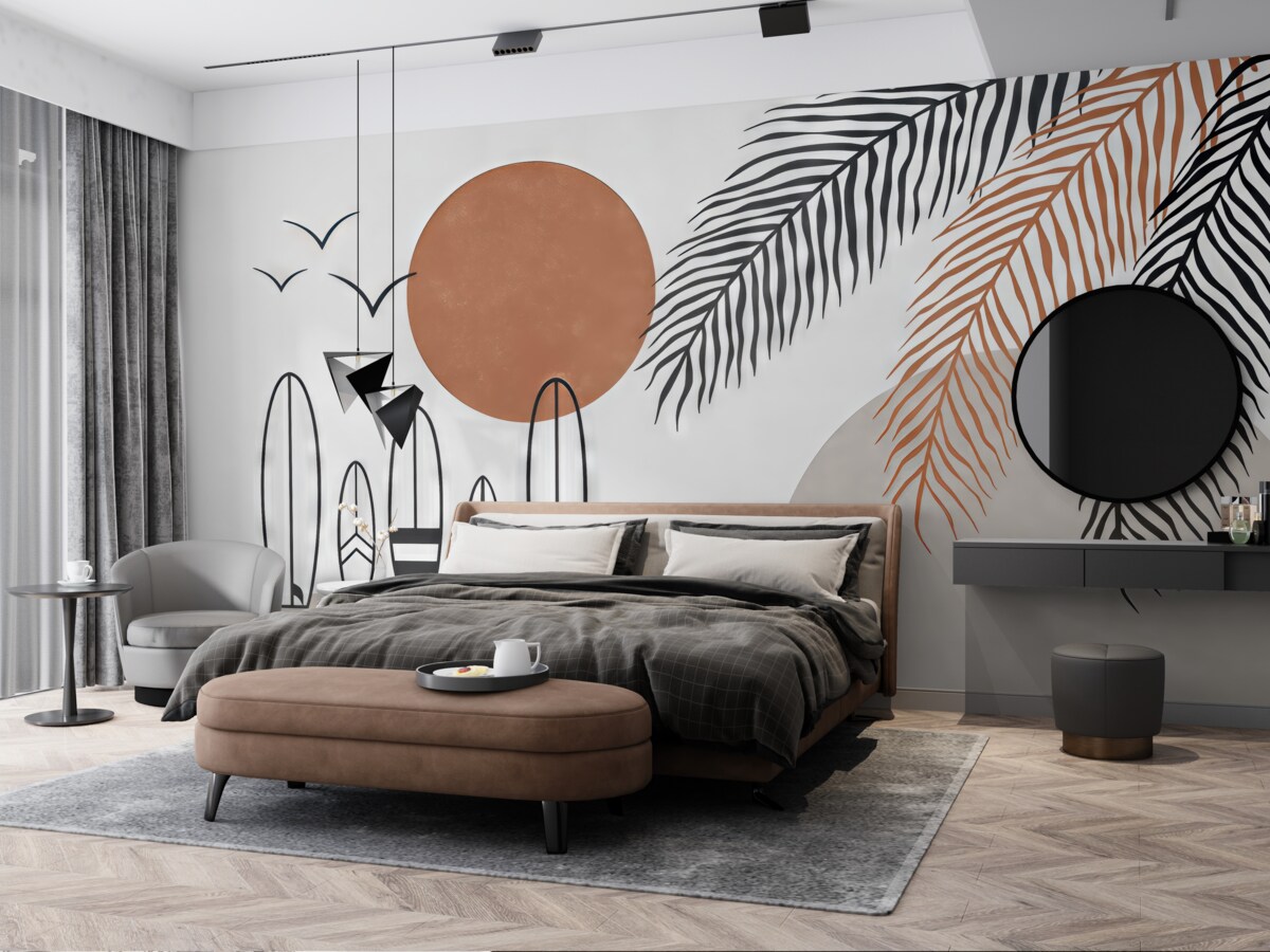 Fototapeta Deski do surfingu, szkic linii palmowych, barwa czarna i czerwona.