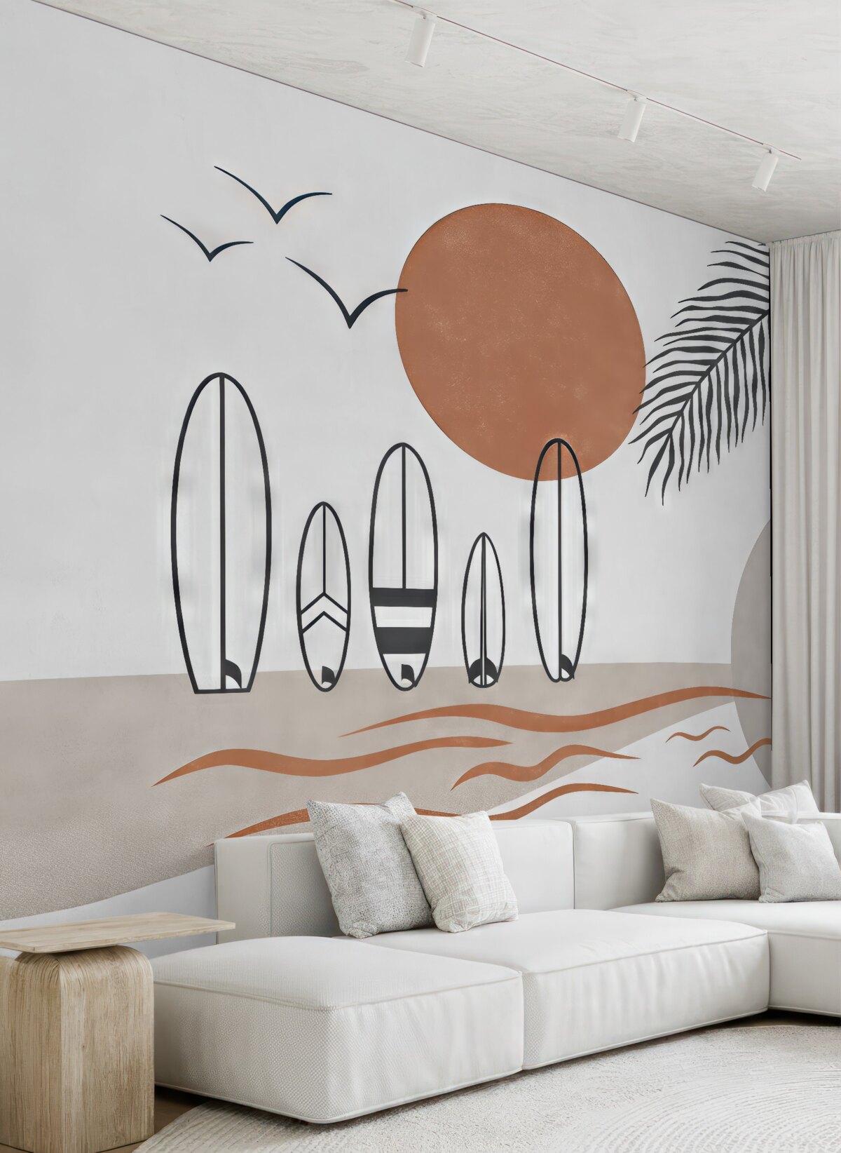 Fototapeta Deski do surfingu, szkic linii palmowych, barwa czarna i czerwona.