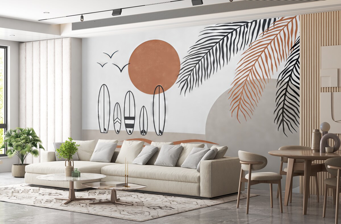 Fototapeta Deski do surfingu, szkic linii palmowych, barwa czarna i czerwona.