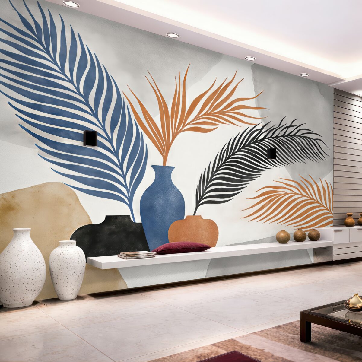 Fototapeta Gałązki palmowe w naczyniach, plamy farb akwarelowych, odcienie czarny, niebieski i czerwony.