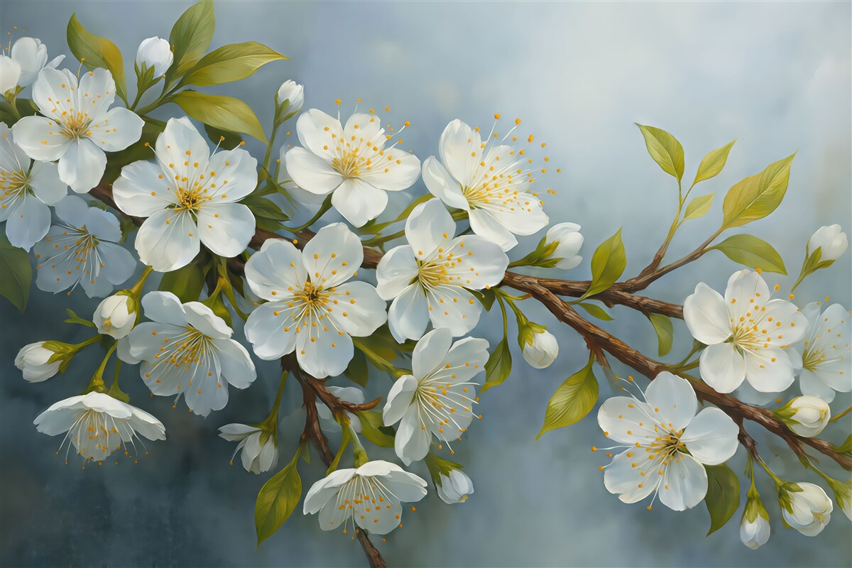 Fototapeta Gałązka z białymi, rozwijającymi się kwiatami, nawiązująca do malarstwa olejnego.