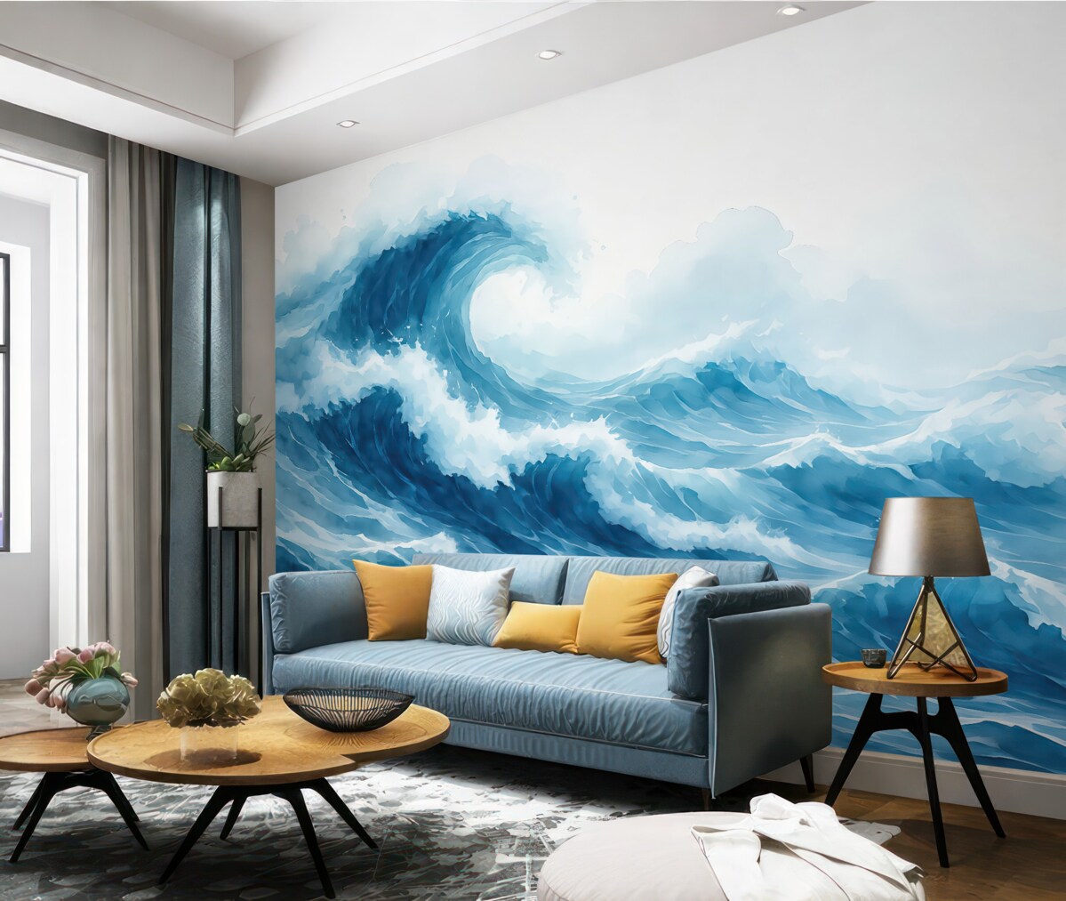 Fototapeta Akwarela fal morskich, odcień niebieski.