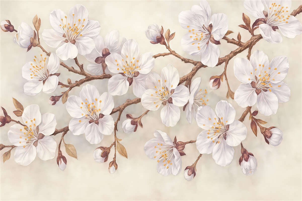 Fototapeta Kwitnąca gałązka wiśni na szarym tle.